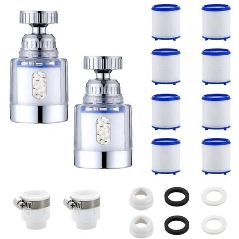 2pcs Filtre eau Robinet Anti Calcaire Universel Filtre Anti Calcaire Robinet Rotatif à 360° avec 8 éléments Filtrants en Coton PP