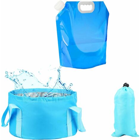 2Pcs Folding Camping Bucket Kit 16L Collapsible Bowl Portable Foldable Sink AND Outdoor Collapsible Water Bag 5L Container Collapsible Water Storage for Outdoor Travel Fishing Car Washing