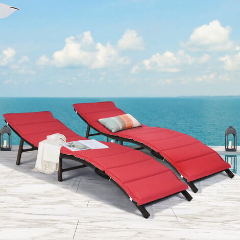 2PCS Folding Rattan Sun Loungers Chaise Lounge Chairs with Double-sided Cushions