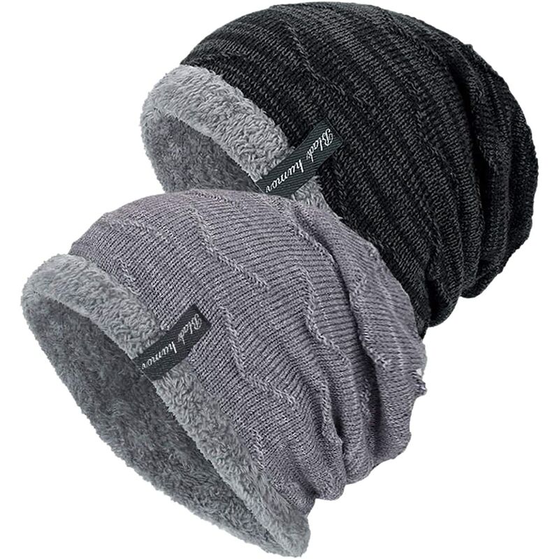 

2pcs gorro de punto gorro de invierno para hombres y mujeres, gorro de invierno cálido con forro polar unisex, rayas grises, negro