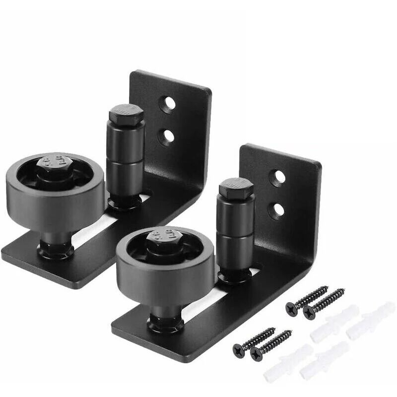 2pcs Guide de Porte Coulissante Robuste en Acier-au Carbone Noir-Rouleau Réglable-Système de Fixation Murale