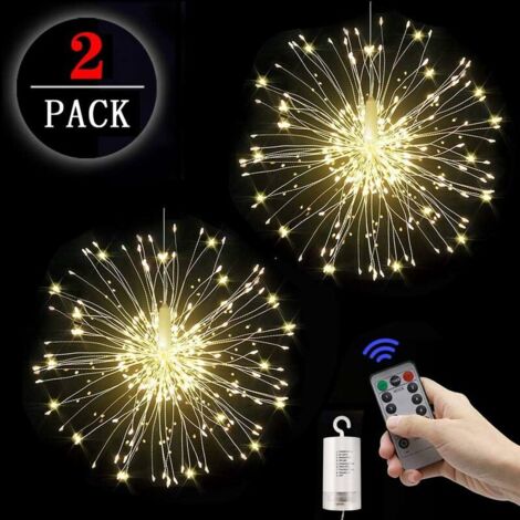 2pcs Guirlande lumineuse de feu d'artifice Starburst Lights 120 LED Fil de cuivre Guirlande lumineuse de feu d'artifice avec télécommande 8 modes de luminescence Étanche pour la maison et le jardin 2p