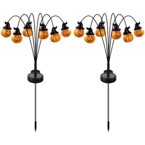 2PCS Guirlandes lumineuses d'Halloween d'extérieur, 2025, nouveau modèle à LED solaire, chapeau de sorcière, lanterne citrouille orange décorative et effrayante pour jardin, allée,ardin, fête (orange)