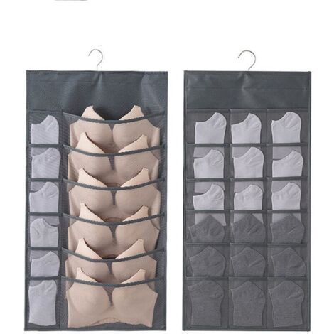 2PCS Hanging Storage Bag Underwear Organizer for Wardrobe Double-Sided Closet Hanger Shelves for Bras, Underwear, Ties, Socks, 30 Pockets, Grey