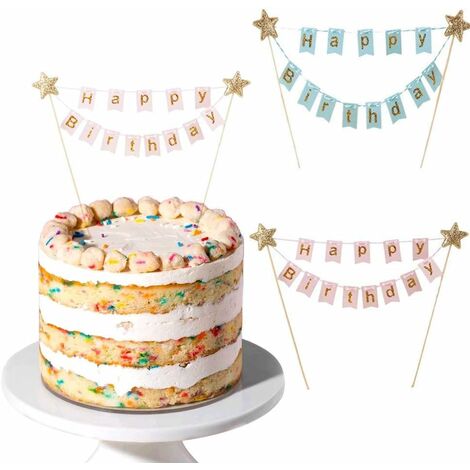 2pcs Happy Birthday Tortendeko Kuchengirlande Wimpelkette Kuchen Wimpelkette Torten Girlande Geburtstag Wimpelkette Cake Topper Kuchen Topper für Torten Cupcake Kindergeburtstag Party Pink Blau