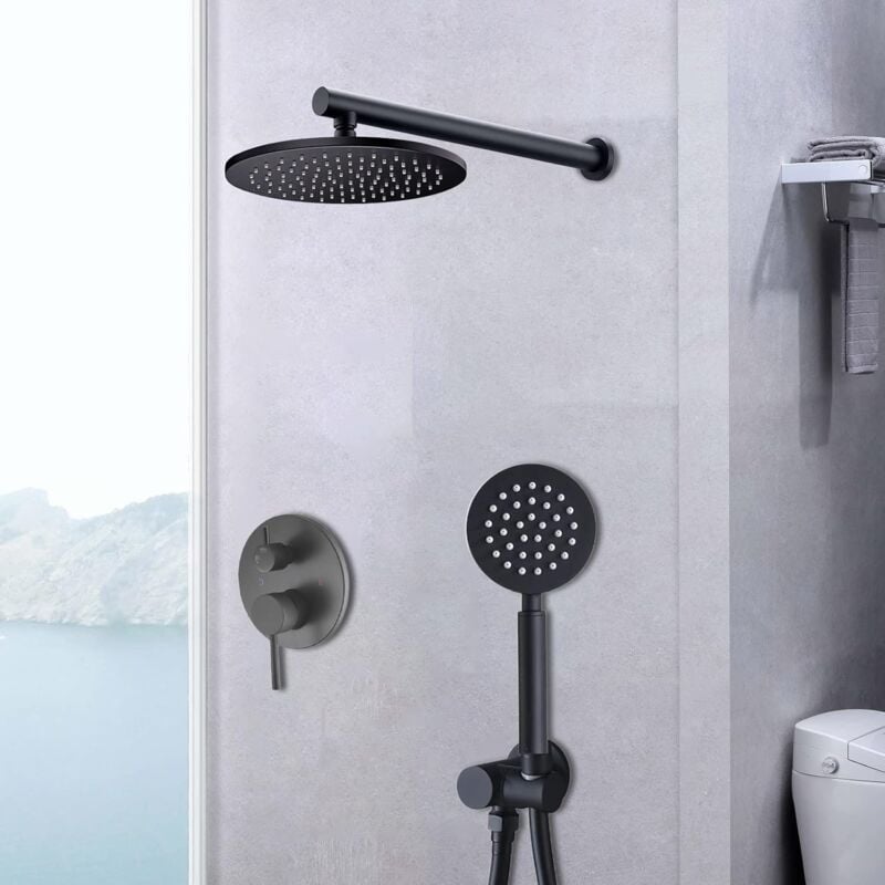 Senderpick - Shower System Black Matt Ensemble de douche encastrée avec pommeau de douche et douchette à main 10 Inch Rain Shower