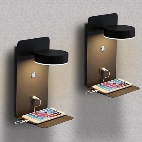 2Pcs Indoor LED Wall Light with Switch and USB Interface, 12W - Tricolor Dimmable Bedside Lamp, 90° Adjustable Wall Reading Light with Tray - Groofoo Black