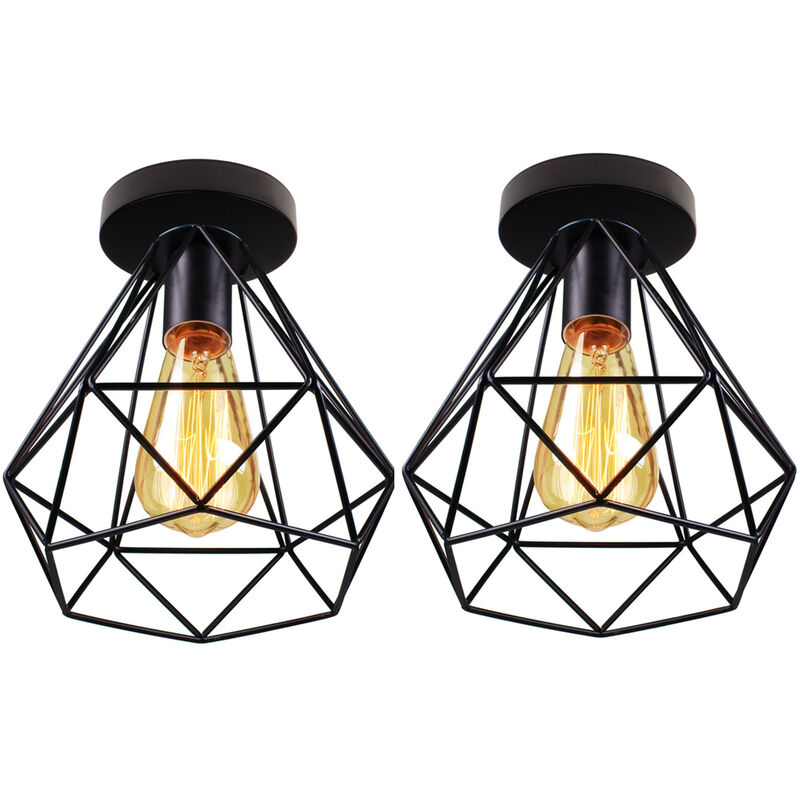 2pcs Vintage Ceiling Light, Retro Industrial Diamond Ceiling Lamp, Metal Chandelier with Lampshade for Bedroom Living Room Hallway (Black)