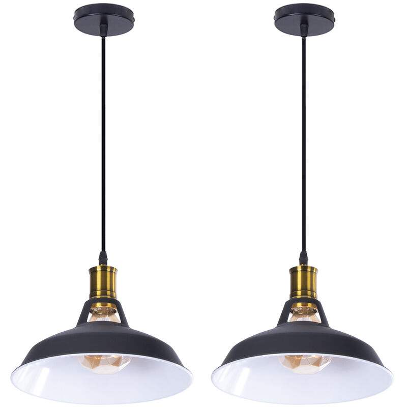2PCS 27CM Vintage Hanging Light Industrial Pendant Light Creative Pendant Lamp for Kitchen Farmhouse Hallway Indoor (Black Exterior, White Interior)