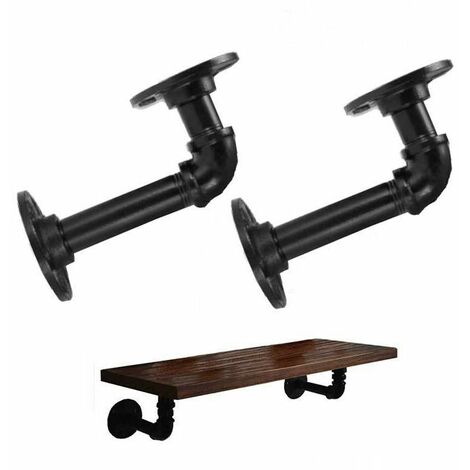 2pcs Industrial Pipe Shelf Brackets for Shelving, Black Metal Pipe Floating Shelf Bracket in L-Shaped Rustic Farmhouse Vintage Style Heavy Duty Decorative Wall Shelving Bracket