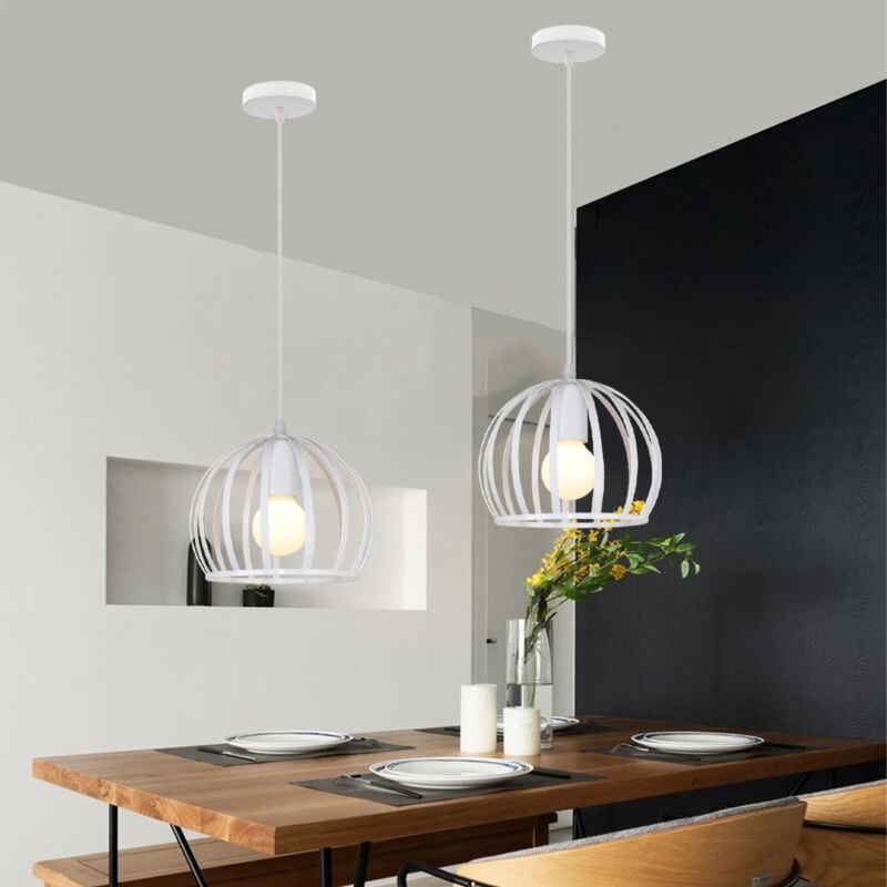 2Pcs Industriel Lustre Suspension E27 Cage en Métal Luminaire de Plafond pour Salon Restaurant Salle Chambre Blanc