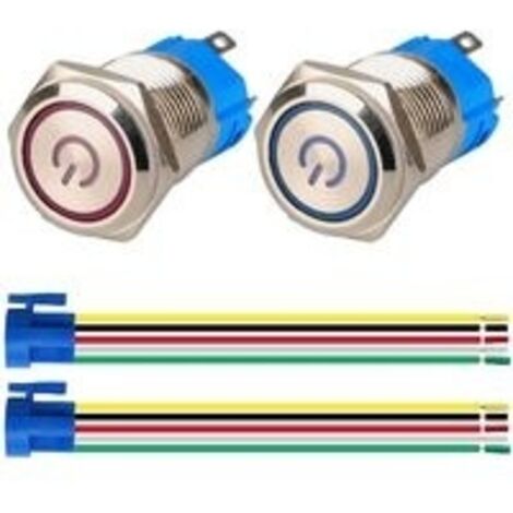 2pcs Interrupteur à Bouton Poussoir à Verrouillage 1NO1NC Acier Inoxydable Etanche 220V-230V/5A Interrupteur Lumineux LED avec Prise de Courant Adaptée au Trou de Montage de 16mm(Bleu+Rouge)