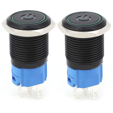 2PCS Interrupteur Métallique à Verrouillage Automatique Noir IP65 avec LED et Symbole 16mm (Vert 3-6VDC)
