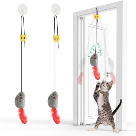 2Pcs Jouet Chat Interactif Souris Suspendue avec Queue à Plumes - Souris Suspendue avec Bruit et Corde Élastique - sans Piles, Idéal pour Jeu Autonome