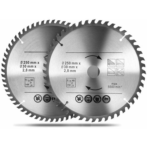 2pcs Lame de scie circulaire Bois 250 x 30 mm, Versailles Lame de scie de alliage de carbure 48T et 60T, pour le tronçonnage du bois naturel, du bois dur, du bois tendre, bois abrasif et contreplaqué plaqué