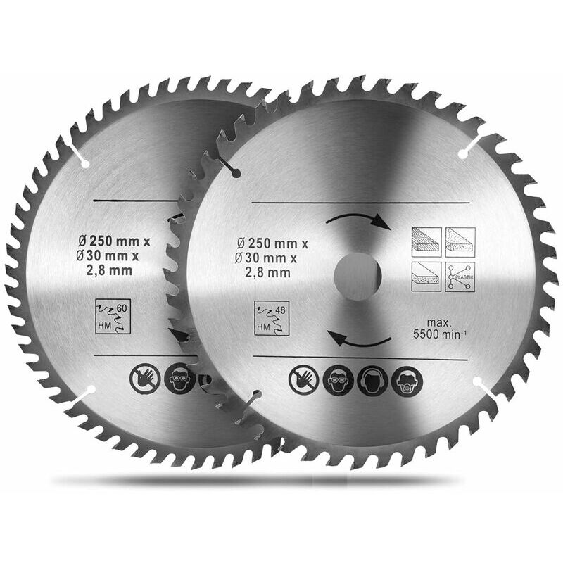 Lucky-88 - 2 pièces lames de scie circulaire bois 250 x 30 mm, lames de scie carbure Versailles 48T et 60T pour la coupe du bois naturel,