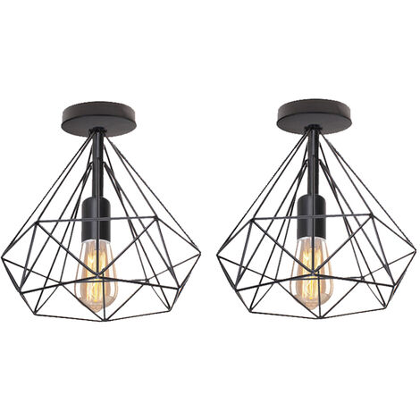 2pcs Lámpara Colgante Vintage de jaula forma de diamante 25cm (Negro)Retro Lámpara de Techo industrial Iluminación Hierro E27 Restaurante Cafe