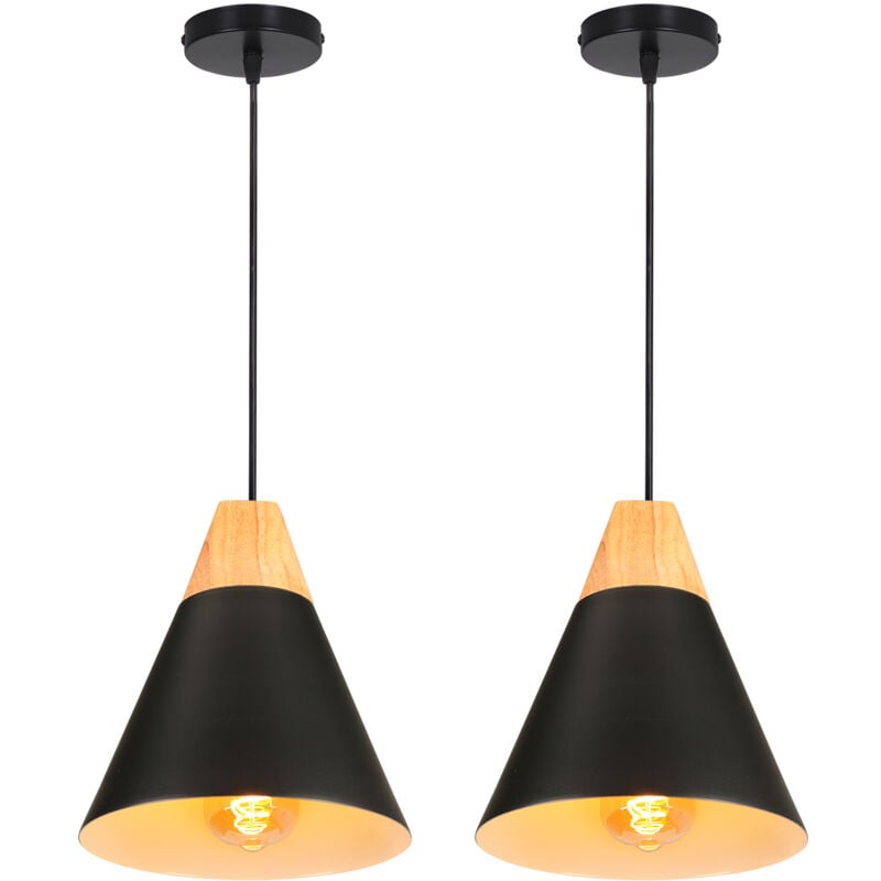 (2PCS)-Lampe À Suspension Moderne Noire Suspension Luminaire Nordique Lustre Rétro Abat-Jour En Métal Ampoule E27 Suspension Intérieure
