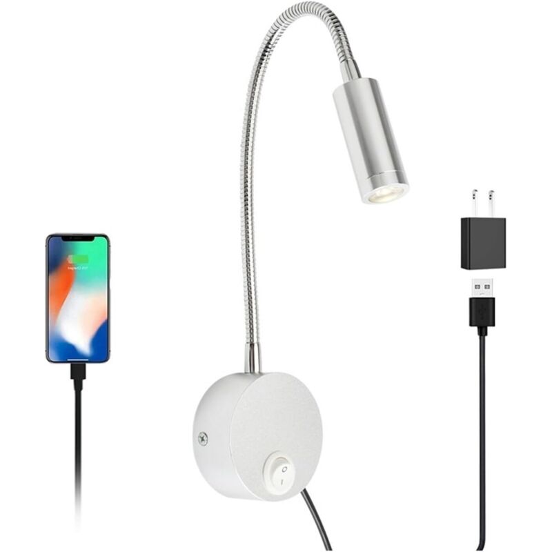 2pcs Lampe de lecture à tuyau assorti, meuble de chevet 3W, avec port de chargement USB, projecteur de lecture, lampe de lecture for canapé(White