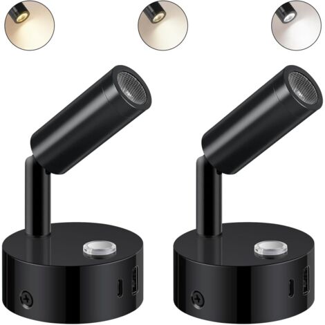 2pcs Lampe de lecture LED 12V camping-car,Applique murale lampe de lit avec interrupteur Touch Dimmable 3000K-6000K, DC 12V-24V avec connecteurs USB A+C pour bateau voiture van yacht, noir