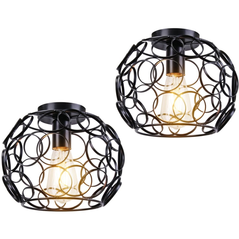 2PCS Lampe De Plafond Luminaire Cage Ronde Luminaire Plafonnier En Fer Métallique Plafonnier Rétro Vintage Pour Club Bar Café Noir