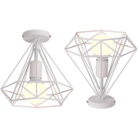 2PCS Lampe De Plafond Rétro Vintage En Forme De Diamant 25CM (Blanc) Plafonnier Industriel En Métal Et Fer E27 Pour Restaurant Et Café