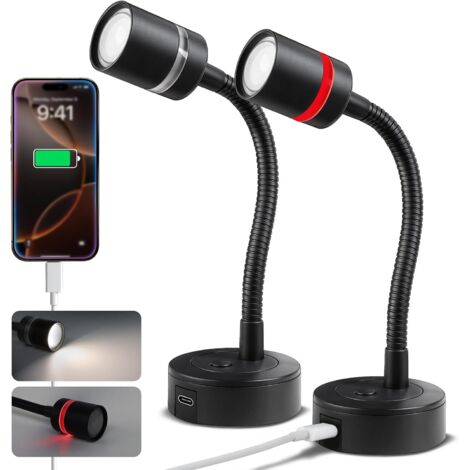 2PCS - Lampe LED 12V - Veilleuse Rouge - Dimmable 4000K Chargeur USB-C 20W Bras Flexible 360° Pour Camping-car Bateau Caravane Métal Noir