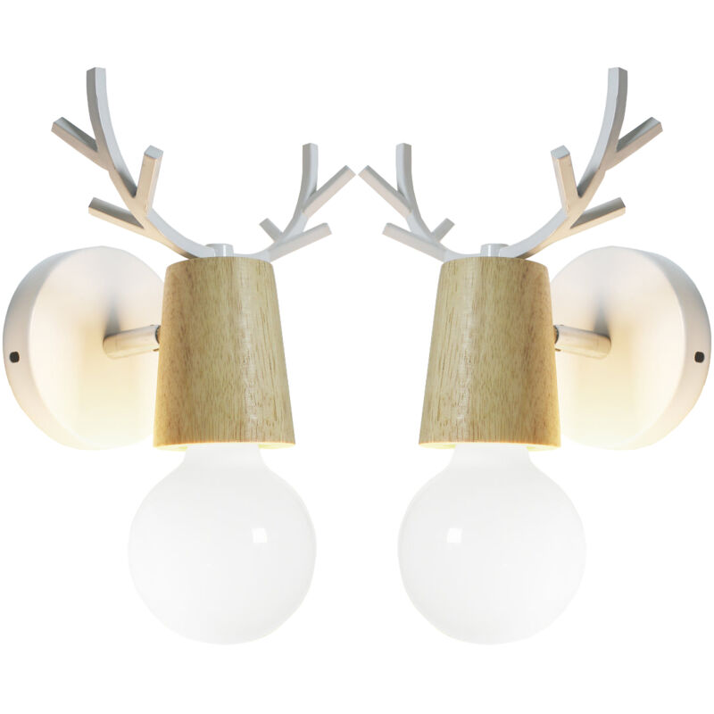 2PCS Lampe Murale Au Design Simple Applique Murale Moderne Applique Murale En Bois Et Métal Pour Chambre à Coucher, Salon, Chambre D'Enfant (Blanc)