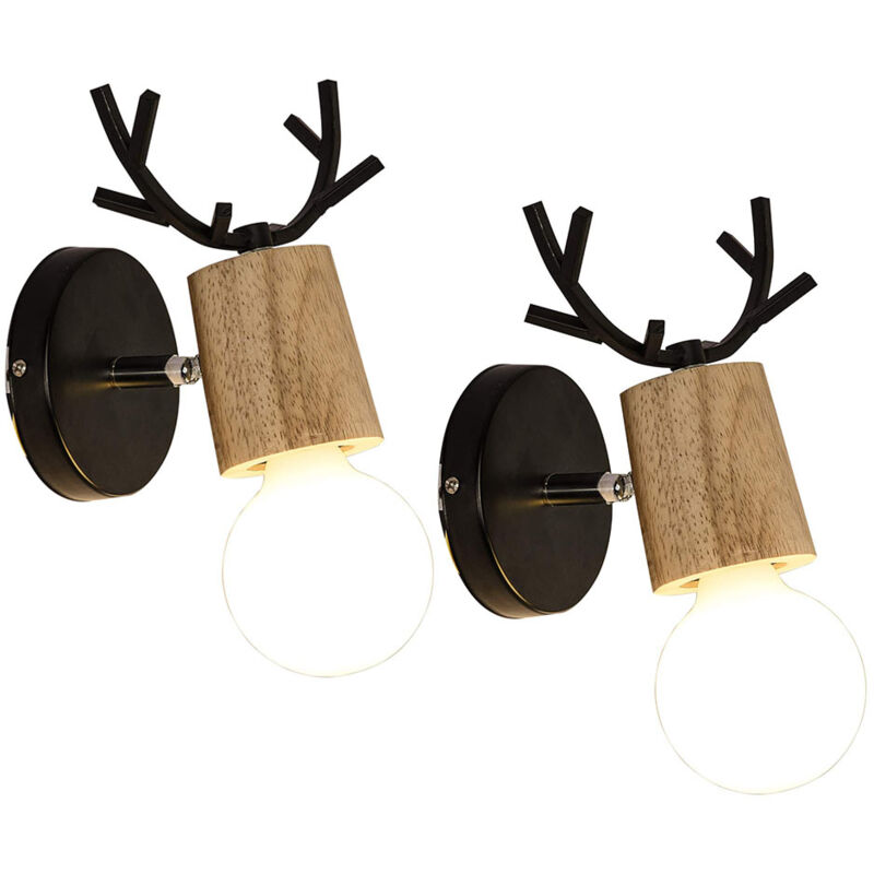 2PCS Lampe Murale Au Design Simple Applique Murale Moderne Applique Murale En Bois Et Métal Pour Chambre à Coucher, Salon, Chambre D'Enfant (Noir)