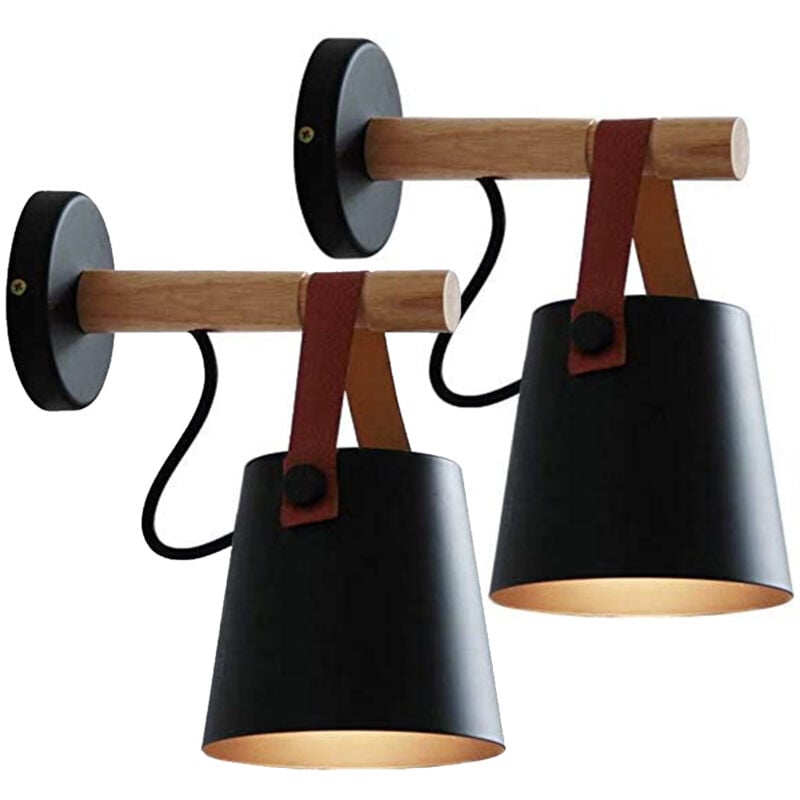 2PCS Lampe Murale Moderne Applique Murale D'Intérieur En Métal Applique Murale Rétro En Bois, Pour Chambre à Coucher, Bar, Restaurant, Noir E27