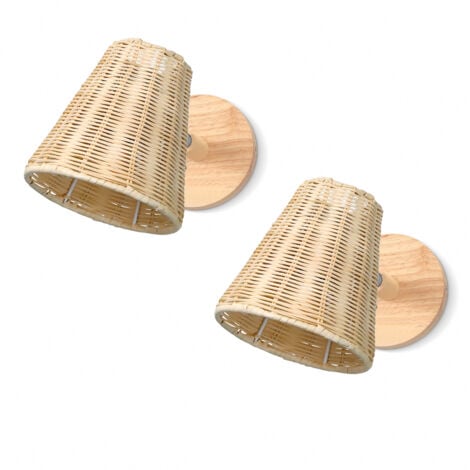 2PCS Lampe Murale Tissées À La Main, Appliques En Rotin, Appliques En Bois, Applique Murale Rétro Modernes Pour Chambres, Salons Et Balcons