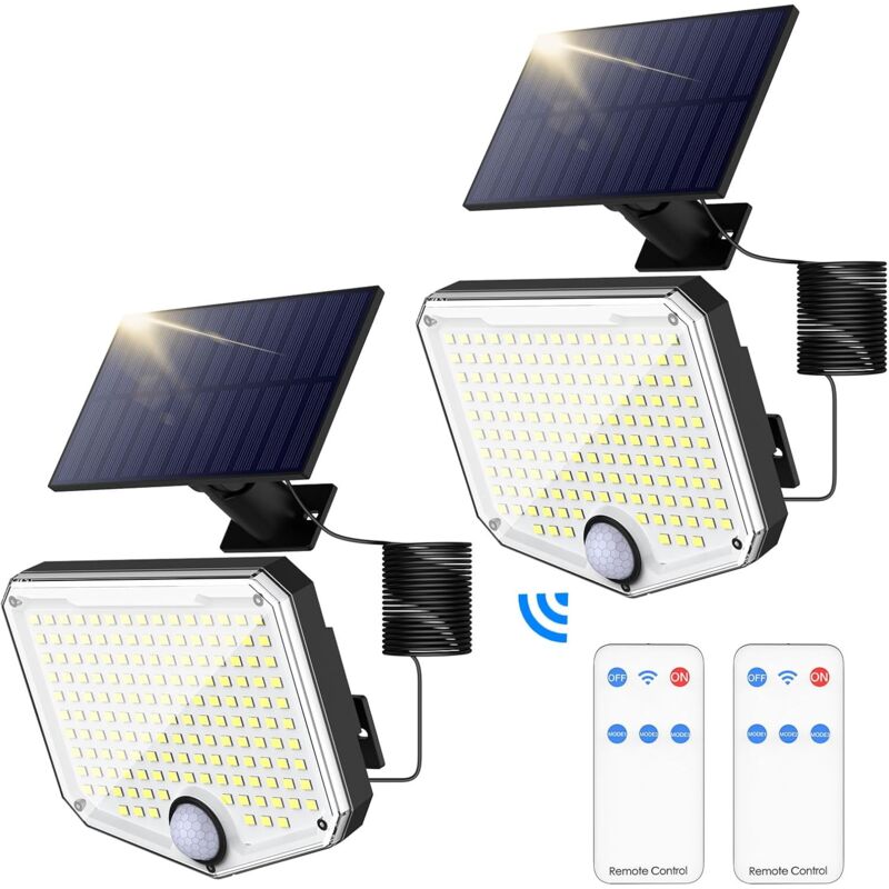 2PCS Lampe Solaire Exterieur Detecteur de Mouvement, 135LED 1200mAh & 3Modes Lumiere Solaire Exterieur avec Télécommande et Câble de 5m, IP65 Étanche