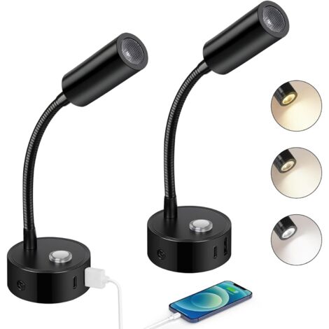 2pcs Lampes de lecture LED 12V pour camping-car, luminosité réglable par toucher 3000K-6000K, col de cygne flexible à 360° avec prises USB A+C pour bateau et caravane, noir