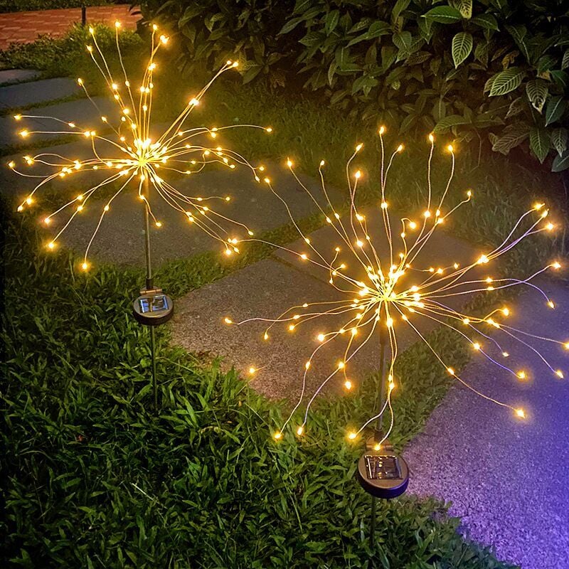 Ensoleille - 2pcs Lampes Solaires de Jardin - 120 Lumières - Blanc Chaud, Feux d'artifice Solaires Imperméables Extérieurs Décoration Starburst