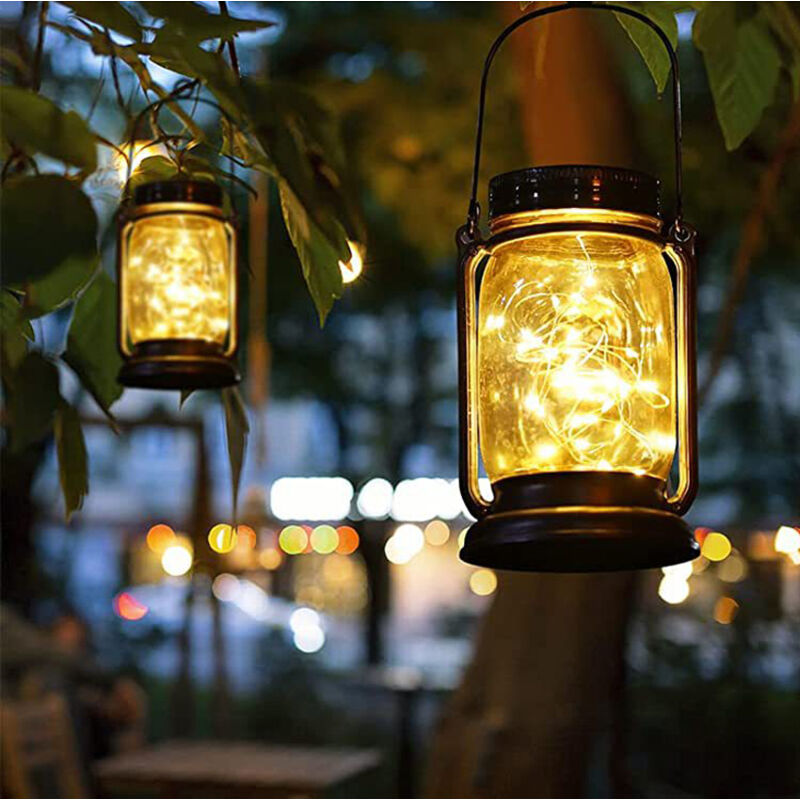 2PCS lampes solaires suspendues en bocaux Mason, lampes de sol, lampes de camping LED,étanches,pour les jardins et les balcons (lumière chaude)