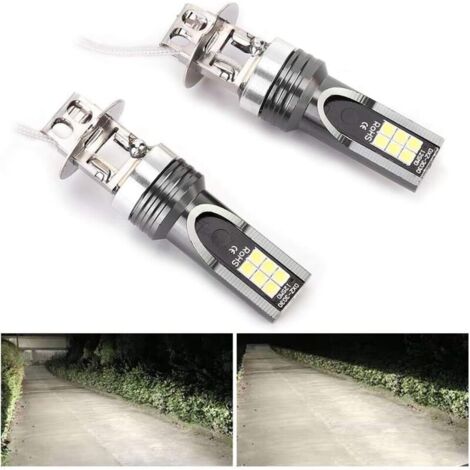 2pcs LED ampoule de phare, 2525 12LED phare de véhicule de voiture replacement pour ampoule de phare H3 DC12V-24V blanc 6500K-7500K