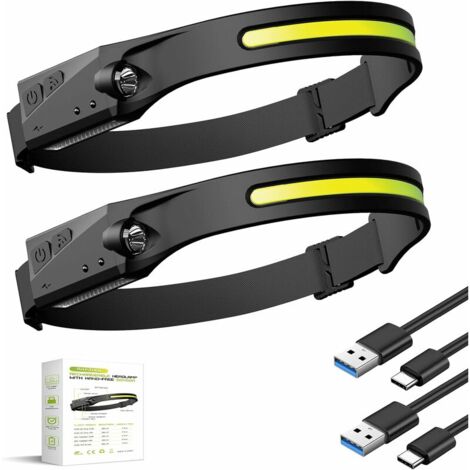 2pcs LED Head Torch Rechargeable, LED Headlamp Running Head Torch Headlight with Motion Sensor Water-Resistant Lightweight Head Flashlight for Running Cycling Camping Dog Walking Fishing Hiking