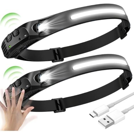 JUSCH 2PCS LED Lampe Frontale, LED Frontale COB+XPE 5 Modèles, LED Lampe Frontal à Capteur, Lampe Frontale à LED Etanches USB Rechargeables, Frontale LED