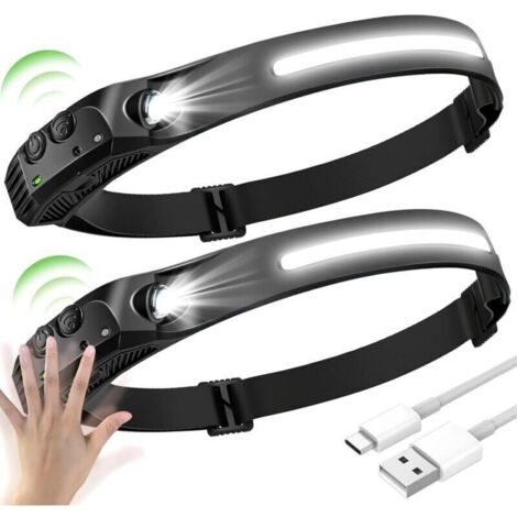 2PCS LED Lampe Frontale, LED Frontale COB+XPE 5 Modèles, LED Lampe Frontal à Capteur, Lampe Frontale à LED Etanches USB Rechargeables, Frontale LED