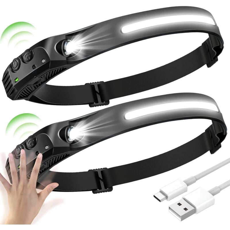 Beijiyi - 2PCS led Lampe Frontale, led Frontale cob+xpe 5 Modèles, led Lampe Frontal à Capteur, Lampe Frontale à led Etanches usb Rechargeables,
