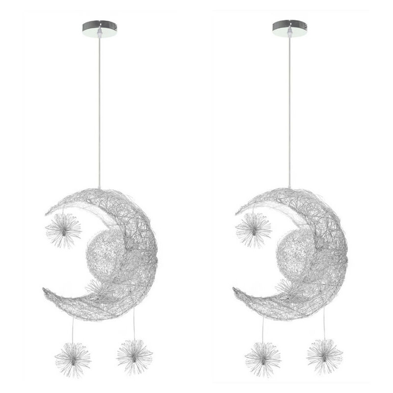 Wottes - 2pcs LED Modern Creative Moon Pendant Light, Individuality Bedroom Chandelier Decorative Lighting Cool White - Silver