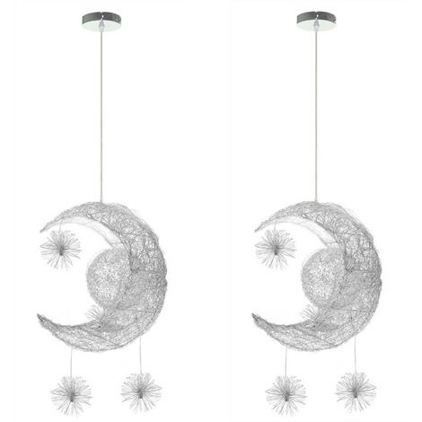 main image of "2pcs LED Modern Creative Moon Pendant Light, Individuality Bedroom Chandelier Decorative Lighting Cool White - Silver"