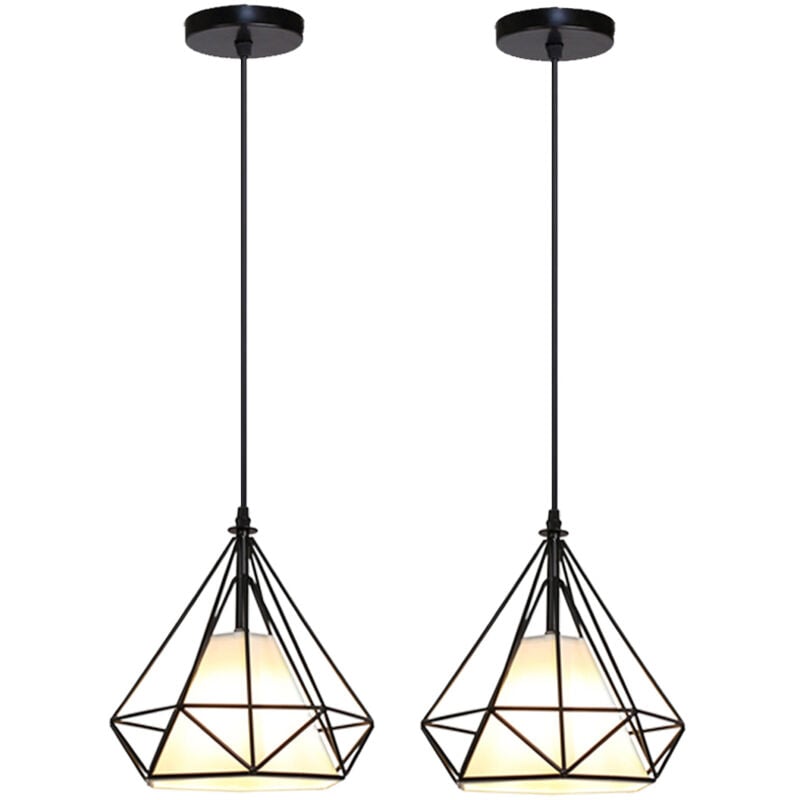 2PCS Lustre Rétro E27 Lampes Suspendues Industrielles En Métal Avec Cage En Diamant Pour Chambre à Coucher, Vestiaire, Salon, Café (Noir)
