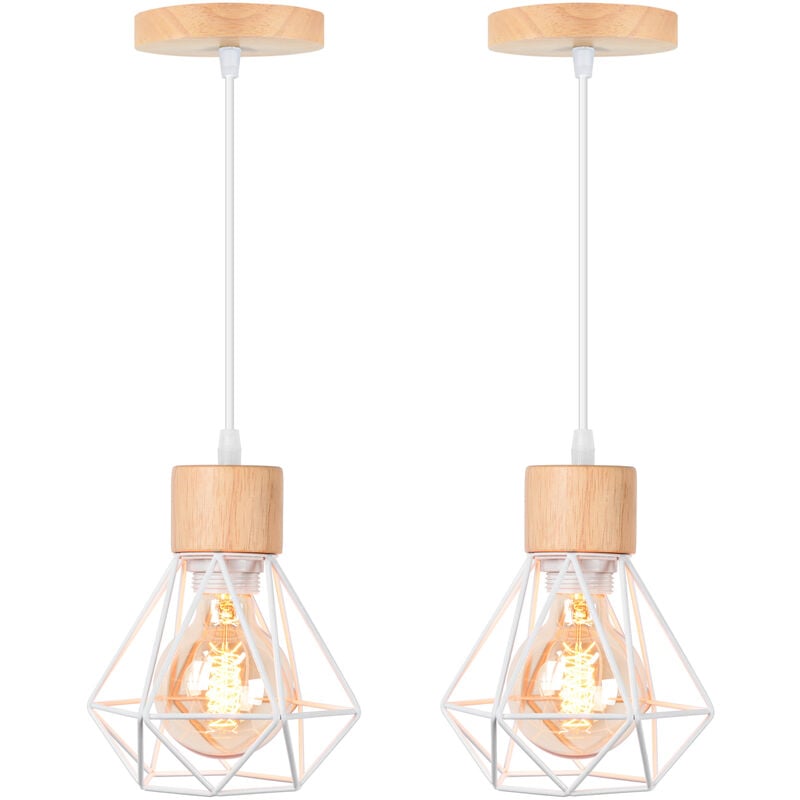 2PCS Lustre Suspension Cage Diamant en Métal E27 Plafonnier Luminaire en Bois Blanc