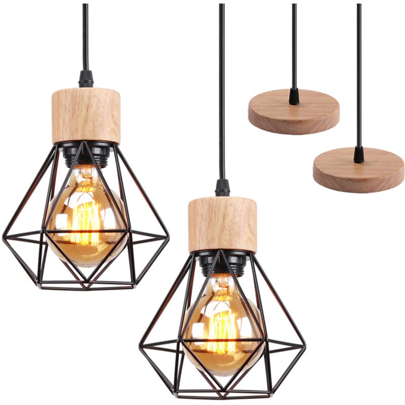 2PCS Lustre Suspension Cage Diamant en Métal E27 Plafonnier Luminaire en Bois Noir