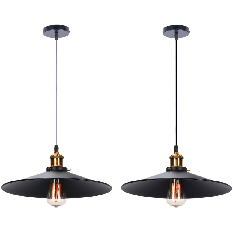 2PCS Rétro Lustre Suspension Industrielle 36cm Plaofnnier Fer Abat-jour en Métal Noir