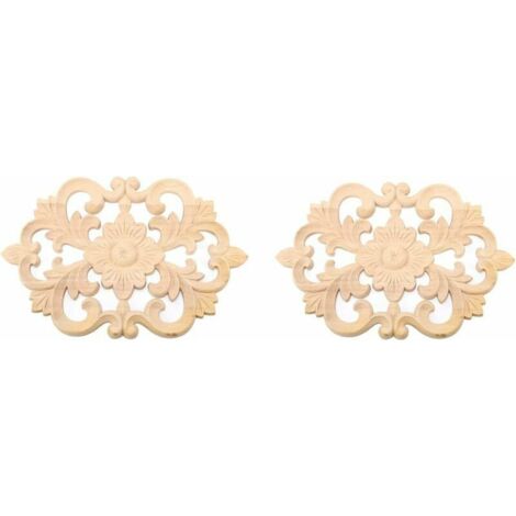 2PCS Meubles en Bois Sculpté Onlay Applique Non Peint Décoration de l'armoire de Porte à la Maison(30  19CM) Bois Sculpté Meuble Sculpté Bois Naturel Forme Fl Imprimé Floral