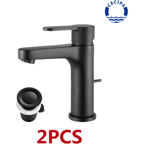 2PCS Mitigeur de lavabo avec poubelle pop-up Robinet de salle de bain avec levier de vidange robinet ordinaire Noir
