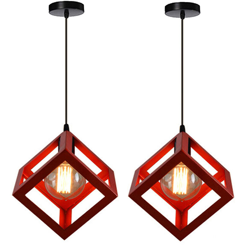 2pcs Creative Pendant Light Square, Modern Metal Geometric Hanging Ceiling Lamp Cube Cage Chandelier Fixture (Red)