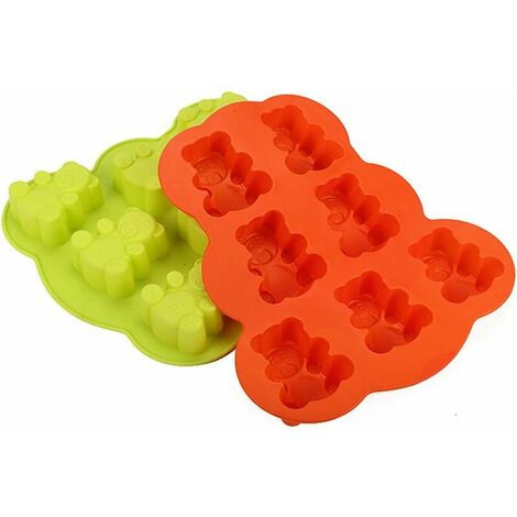 2PCS moules en silicone en forme d'ourson pour fondant Moule à chocolat, gelée, bonbons et pâtisseries 7 grilles (orange + vert,26233.5cm)